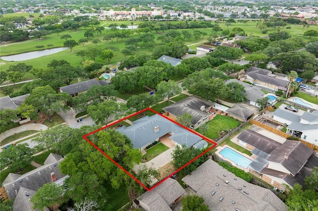 bird's eye view featuring a residential view, a water view, and golf course view