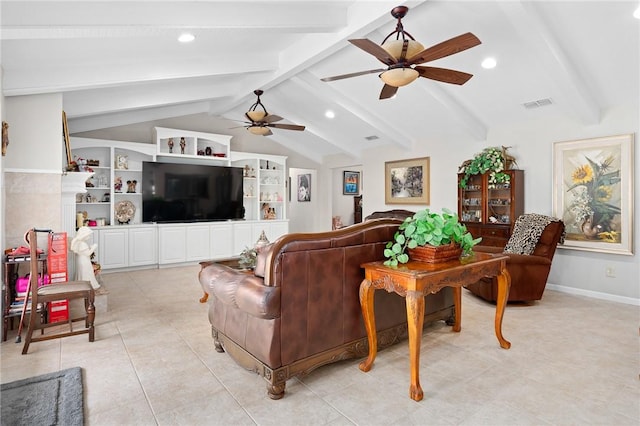 living room featuring recessed lighting, vaulted ceiling with beams, visible vents, a ceiling fan, and light tile patterned flooring