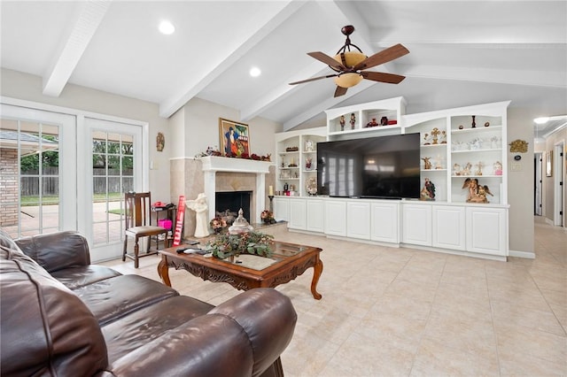 living room featuring recessed lighting, vaulted ceiling with beams, light tile patterned floors, a fireplace, and a ceiling fan