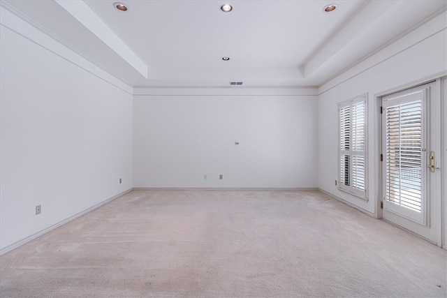 carpeted spare room with a raised ceiling and ornamental molding