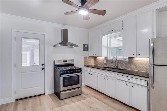 kitchen featuring tasteful backsplash, crown molding, stainless steel appliances, wall chimney exhaust hood, and a sink