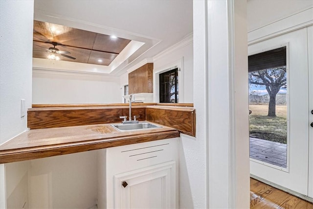 kitchen featuring sink, white cabinetry, crown molding, a raised ceiling, and ceiling fan