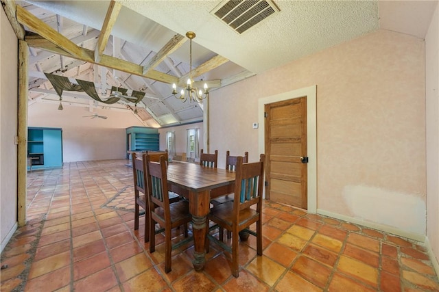 dining space with vaulted ceiling with beams, a textured ceiling, and an inviting chandelier