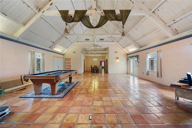 playroom with beam ceiling, high vaulted ceiling, and ceiling fan