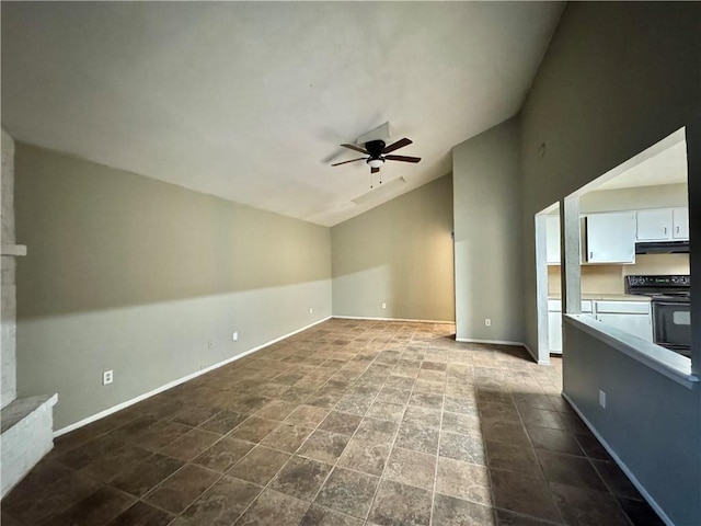 unfurnished living room featuring high vaulted ceiling and ceiling fan