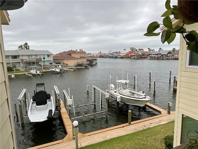 dock with boat lift and a water view