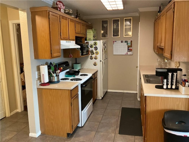 kitchen with range with electric cooktop, ornamental molding, light countertops, light tile patterned floors, and under cabinet range hood