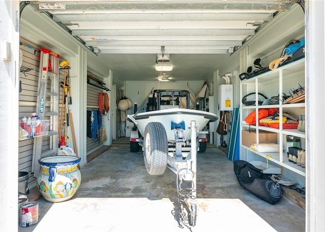 garage featuring tankless water heater