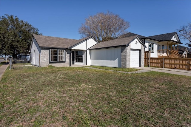 ranch-style home featuring brick siding, fence, a front yard, a garage, and driveway