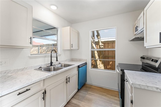 kitchen with under cabinet range hood, light countertops, dishwashing machine, electric stove, and a sink