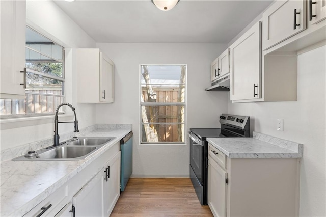 kitchen featuring under cabinet range hood, light wood-type flooring, light countertops, stainless steel appliances, and a sink