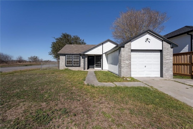 ranch-style house with driveway, a front lawn, fence, a garage, and brick siding