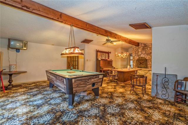 game room featuring ceiling fan, a textured ceiling, and billiards