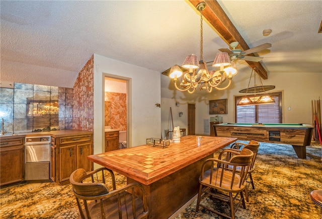 carpeted dining room with lofted ceiling with beams, a textured ceiling, ceiling fan, and billiards