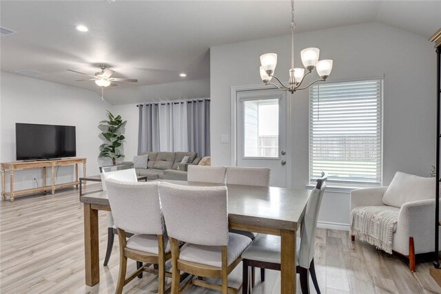 2721 Excelsior Blvd, Corpus Christi, TX 78415 - dining space with light wood-type flooring, a chandelier, a ceiling fan, vaulted ceiling, and recessed lighting