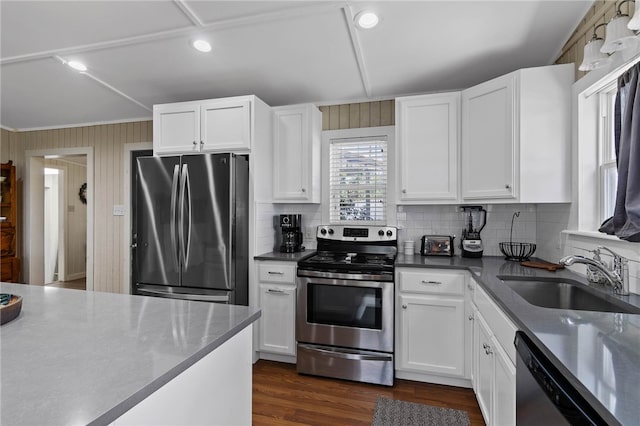 kitchen featuring white cabinetry, sink, appliances with stainless steel finishes, backsplash, and dark hardwood / wood-style flooring