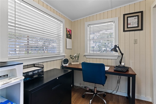 office featuring dark hardwood / wood-style flooring, wood walls, and ornamental molding