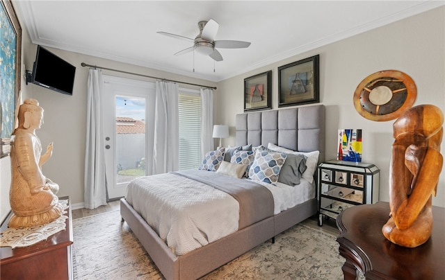 4270 Ocean Dr Unit 11, Corpus Christi, TX 78411 - bedroom featuring access to outside, light wood finished floors, ornamental molding, and ceiling fan