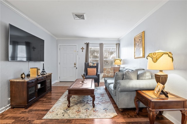 living room featuring crown molding and dark hardwood / wood-style floors