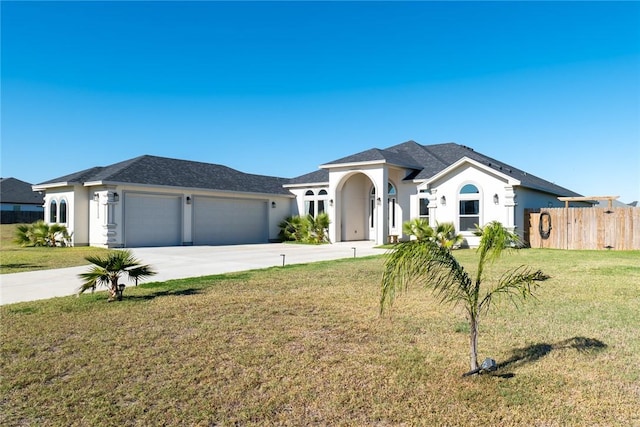 view of front of home with a front lawn and a garage