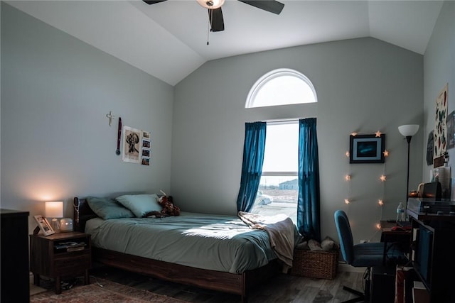 bedroom featuring ceiling fan and vaulted ceiling