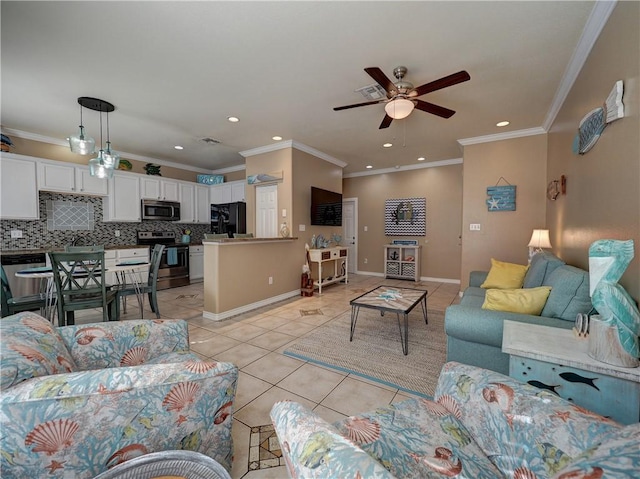 tiled living room featuring crown molding and ceiling fan