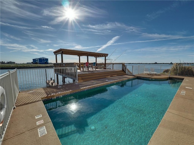 view of pool featuring a gazebo and a water view