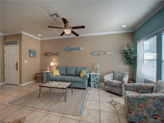 living room featuring crown molding, ceiling fan, and light tile patterned floors