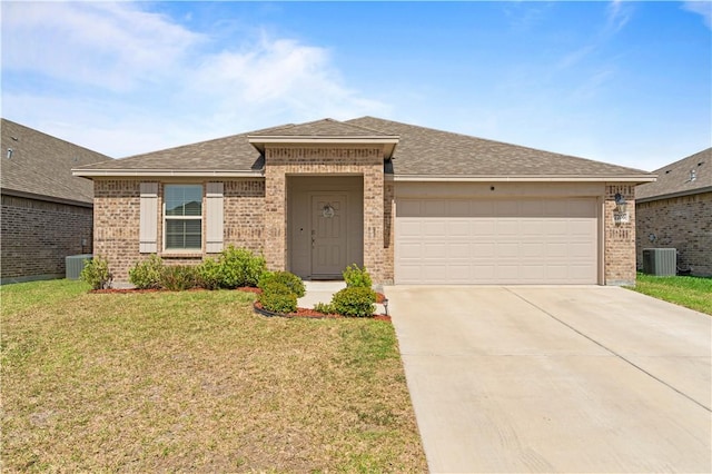 view of front of property featuring driveway, an attached garage, central air condition unit, a front yard, and brick siding