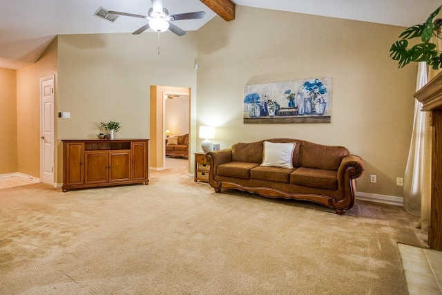 living area featuring high vaulted ceiling, beam ceiling, light colored carpet, and ceiling fan