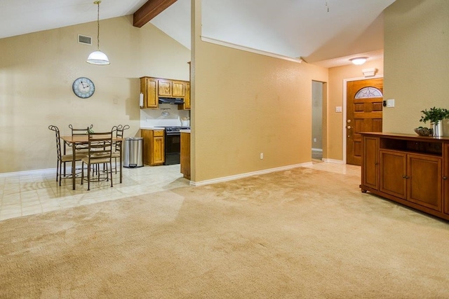 living area with light colored carpet, visible vents, high vaulted ceiling, beamed ceiling, and baseboards