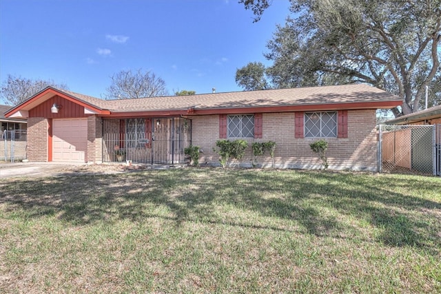 ranch-style house featuring brick siding, fence, a front yard, a garage, and driveway