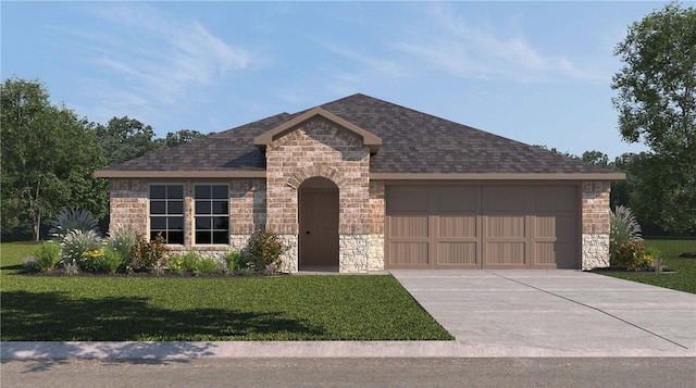 ranch-style home featuring a garage and a front lawn