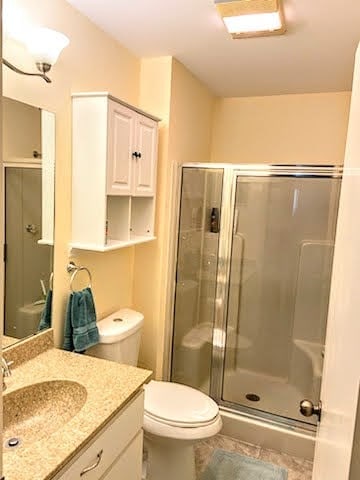 bathroom featuring toilet, vanity, and a shower with door