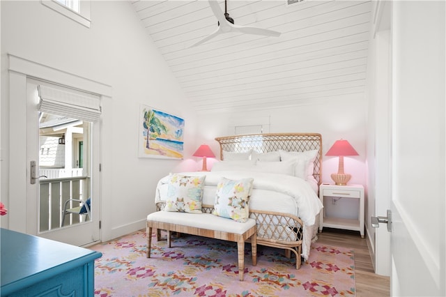 bedroom featuring lofted ceiling, wooden ceiling, baseboards, light wood-style flooring, and ceiling fan