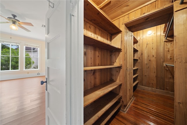 interior space with wood walls, dark wood-type flooring, and ceiling fan