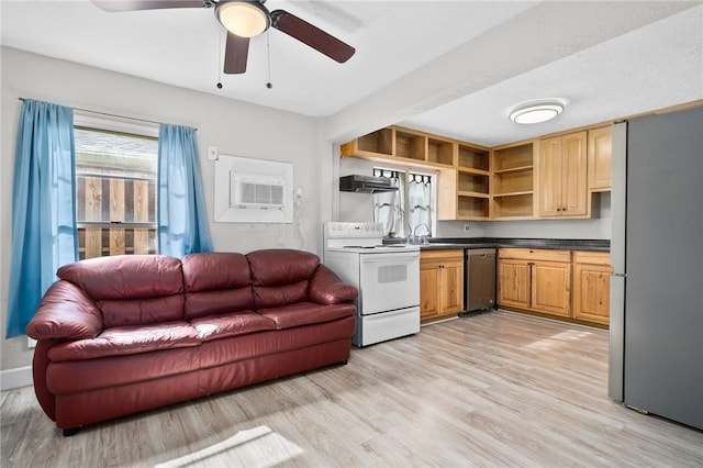 kitchen featuring extractor fan, appliances with stainless steel finishes, ceiling fan, and light hardwood / wood-style flooring