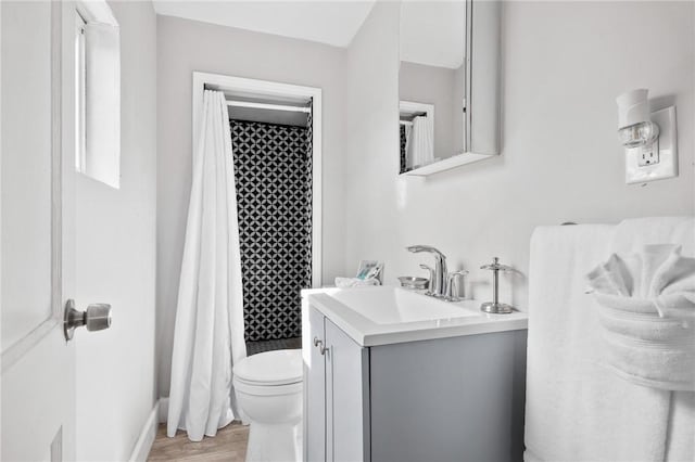 bathroom with vanity, wood-type flooring, walk in shower, and toilet