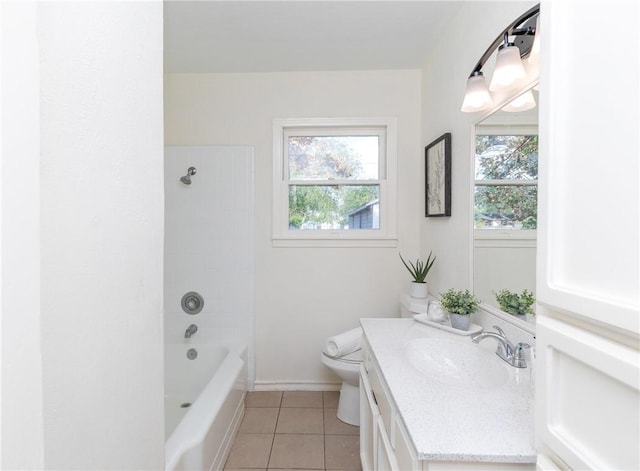 full bathroom with toilet, vanity, tile patterned floors, and tiled shower / bath