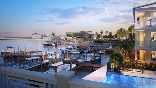 dock area featuring a water view