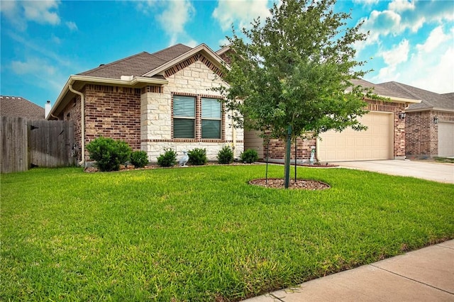 single story home featuring a garage, fence, a front yard, brick siding, and concrete driveway