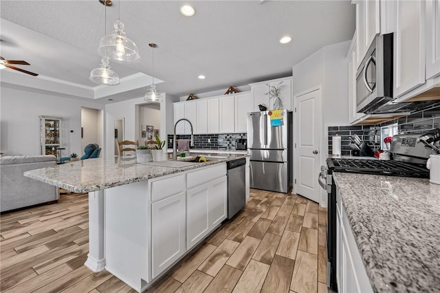 kitchen with appliances with stainless steel finishes, a sink, light wood finished floors, recessed lighting, and open floor plan
