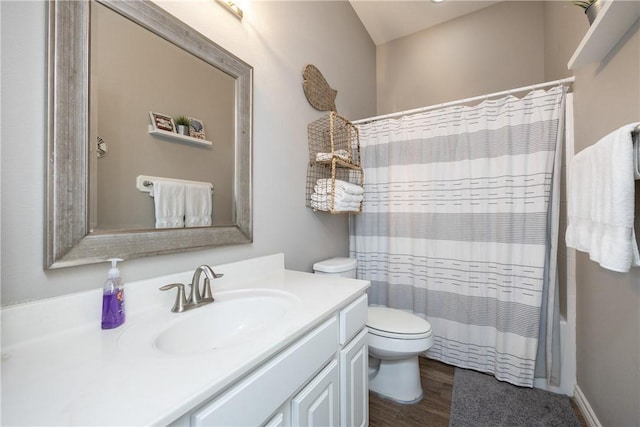 bathroom featuring wood finished floors, vanity, and toilet