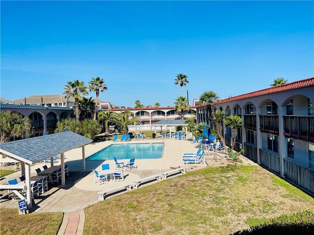 view of pool with a patio and a lawn