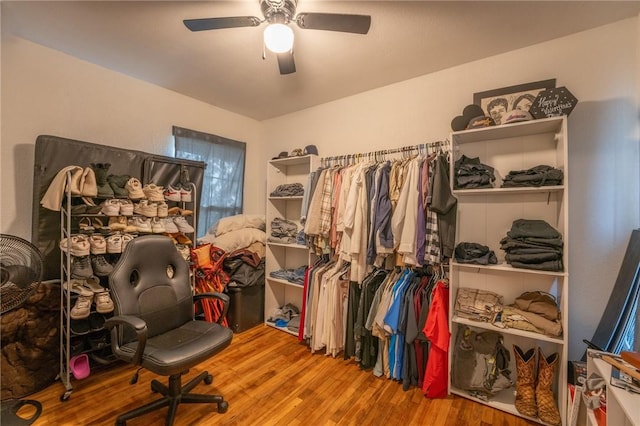 spacious closet with ceiling fan and wood-type flooring