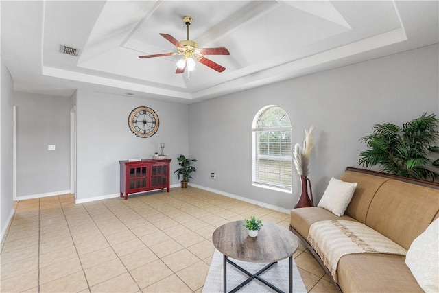 332 County Road 471, Alice, TX 78332 - living room with visible vents, ceiling fan, a tray ceiling, and baseboards