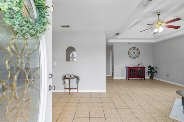 332 County Road 471, Alice, TX 78332 - foyer entrance featuring visible vents, a raised ceiling, ceiling fan, and light tile patterned floors
