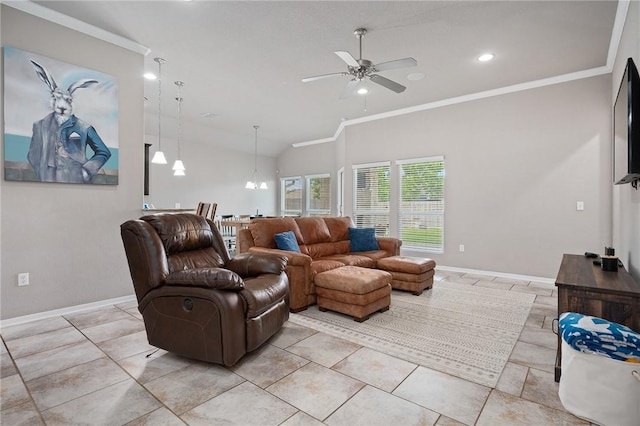 1116 Santa Catalina St, Portland, TX 78374 - living room with crown molding, ceiling fan with notable chandelier, and baseboards