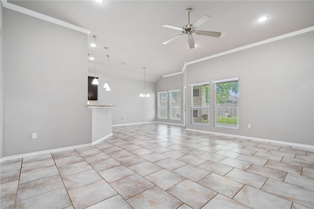 1116 Santa Catalina St, Portland, TX 78374 - unfurnished living room featuring crown molding, a ceiling fan, a chandelier, light tile patterned floors, and lofted ceiling