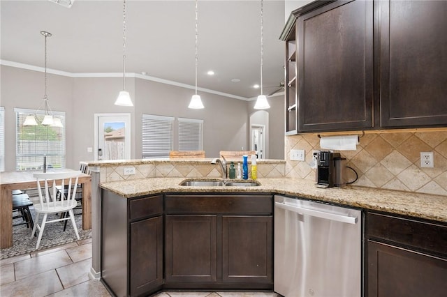 1116 Santa Catalina St, Portland, TX 78374 - kitchen featuring a sink, a peninsula, dark brown cabinets, backsplash, and stainless steel dishwasher
